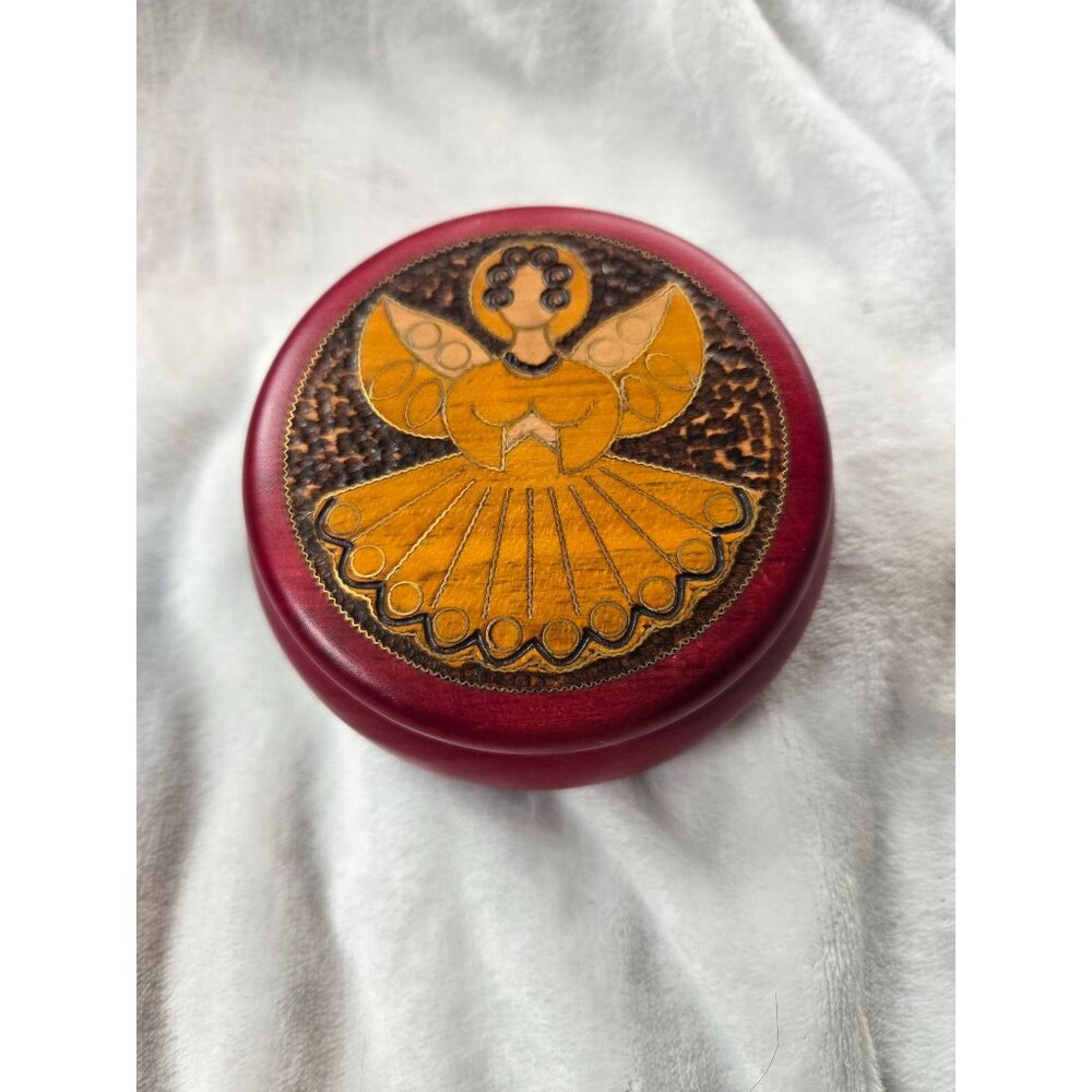 Polish Wooden Trinket Box‎ Angel Hand Crafted Design Red Finish Village House